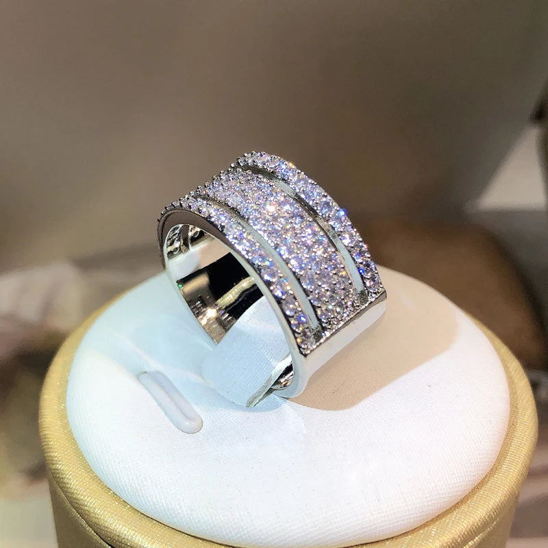 925 Sterling Silver Eternity Three Rows CZ Ring Diamond