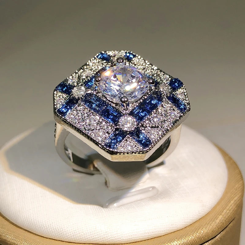 925 Silver Luxury Geometry Unisex Blue White Zircon Ring