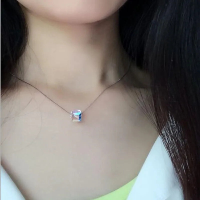 925 Sterling Silver Jewelry Light Candy Square Crystal Pendant Necklace For Women