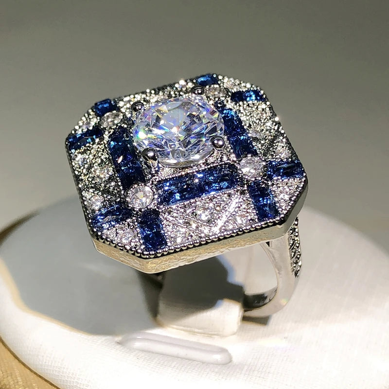 925 Silver Luxury Geometry Unisex Blue White Zircon Ring