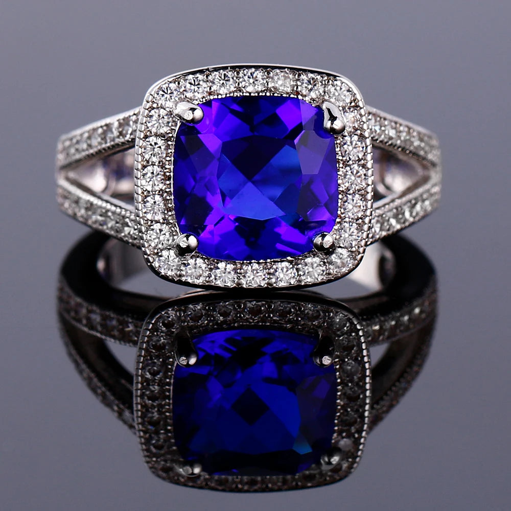 925 Silver Colorful Cubic Zirconia 9mm Cushion Cut Ring Jewelry