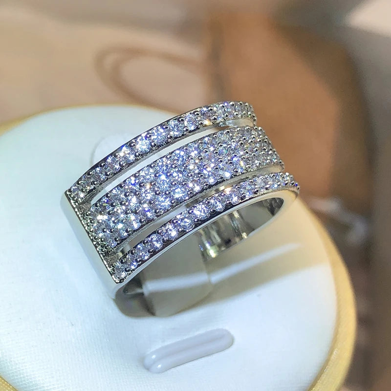 925 Sterling Silver Eternity Three Rows CZ Ring Diamond