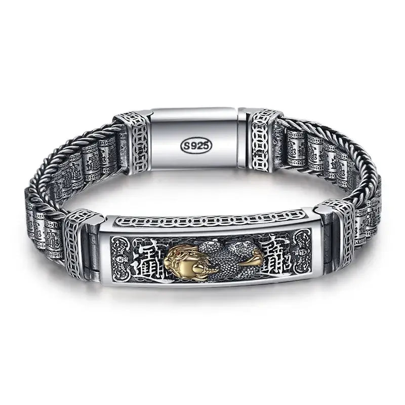 Solid S925 Sterling Silver Vintage PiXiu Men’s Bracelet | Thick Retro Lucky Wealth Amulet, Bold Trendy Design, Handmade Personality Jewelry
