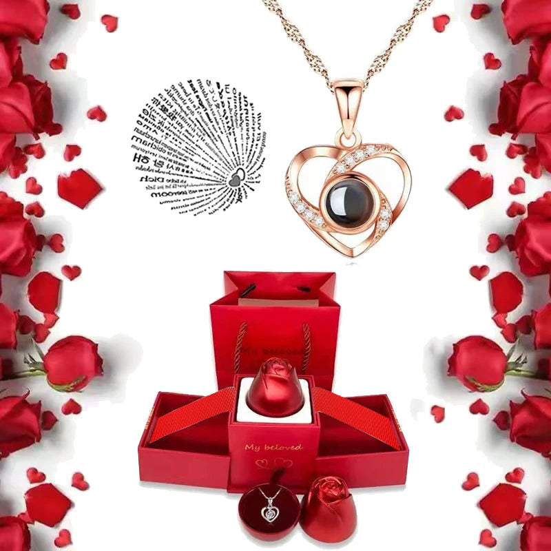 I Love You Projection S925 Necklace – 100 Languages with Rose Gift Box