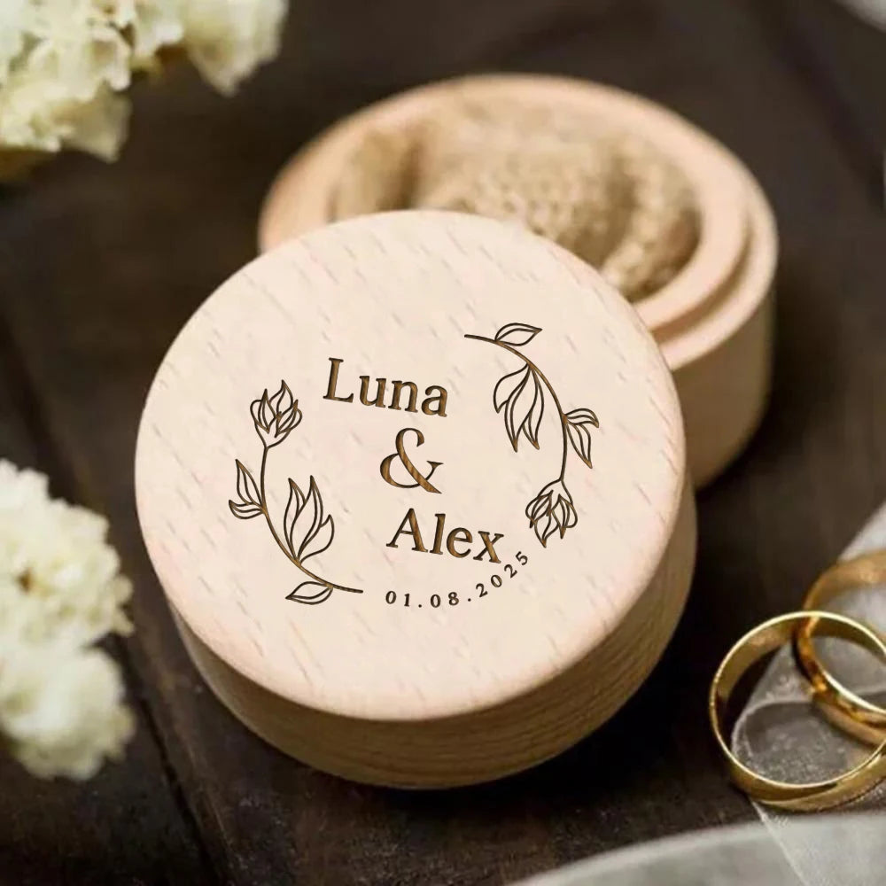 Personalized Natural wood - Round Ring Box