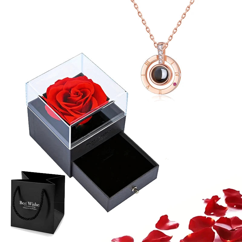 Projection S925 Silver Necklace Set with Rose Gift Box – "I Love You" in 100 Languages