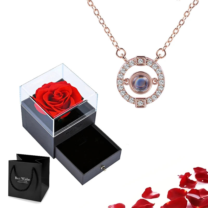 Projection S925 Silver Necklace Set with Rose Gift Box – "I Love You" in 100 Languages