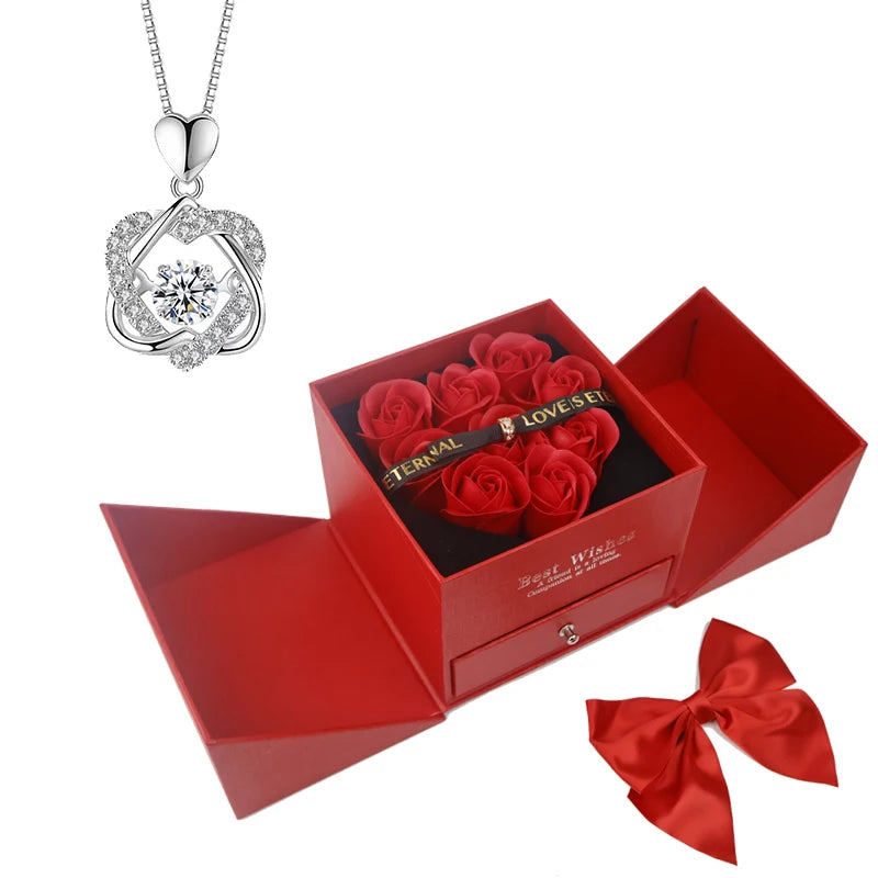 Heart Red Zircon Necklace with Luxury Love Rose Bow Gift Box