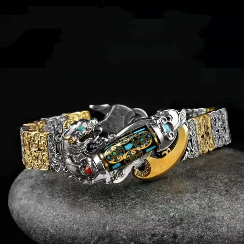 Handmade S925 Sterling Silver Nine-Eye Pearl PiXiu Bracelet for Men | Retro Tibetan Design, Wealth & Protection Amulet, Unique Handmade Gift