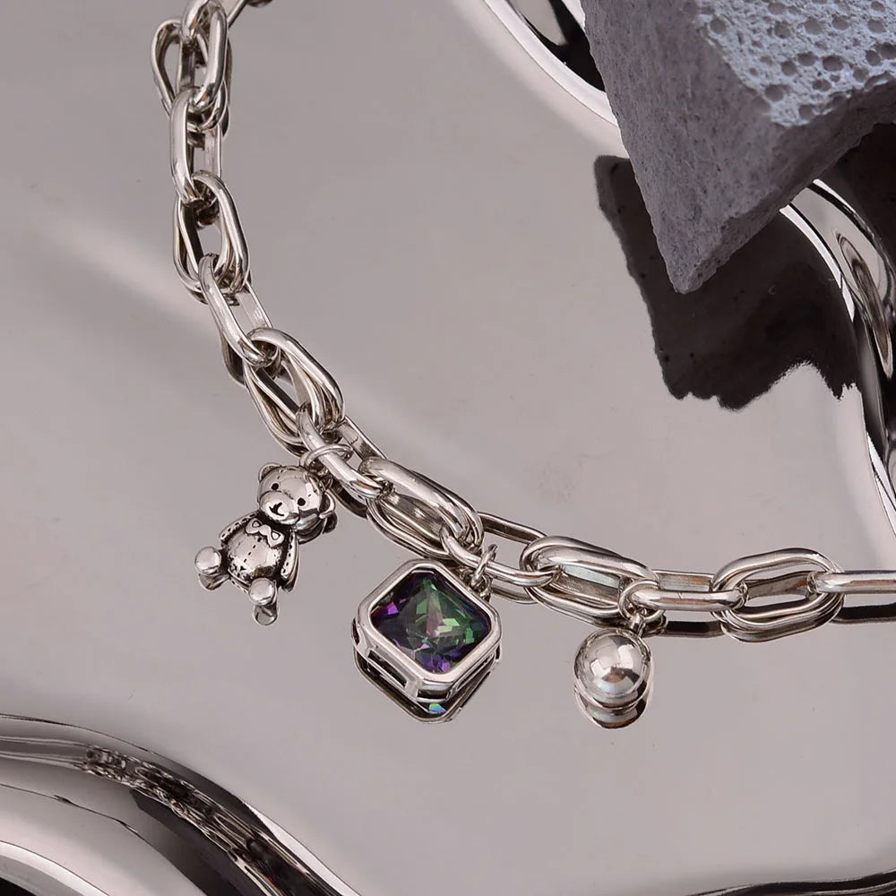 925 Sterling Silver Ladies Charm Bracelet With Sweet Little Bear Shiny Crystal Jewelry Gift