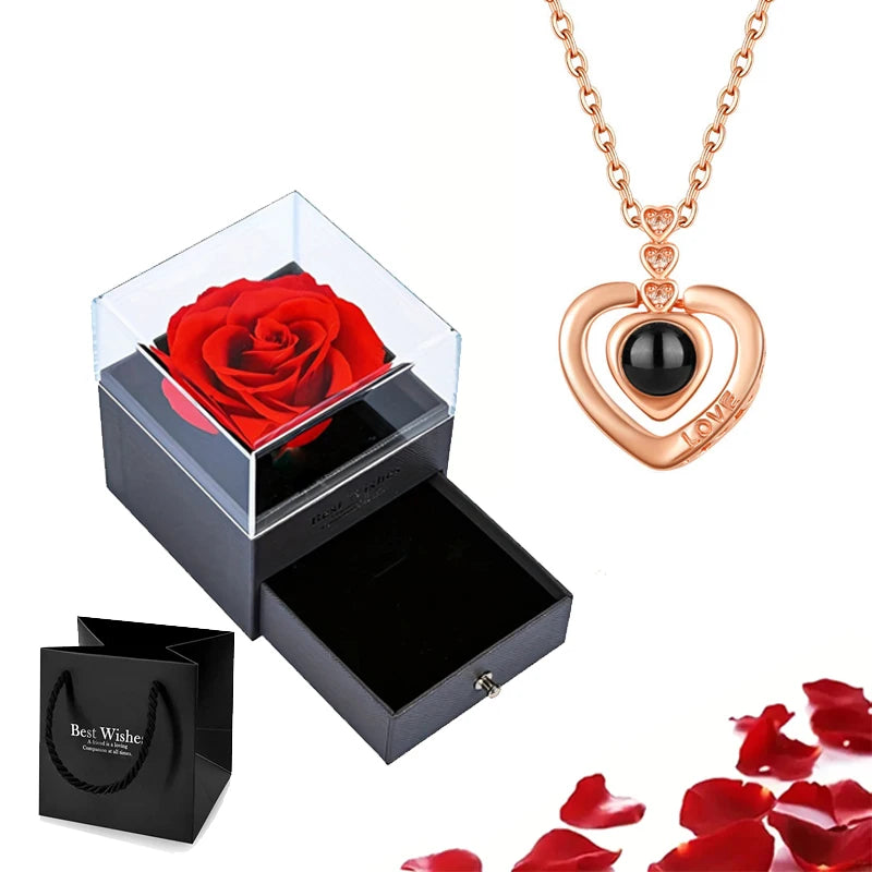 Projection S925 Silver Necklace Set with Rose Gift Box – "I Love You" in 100 Languages