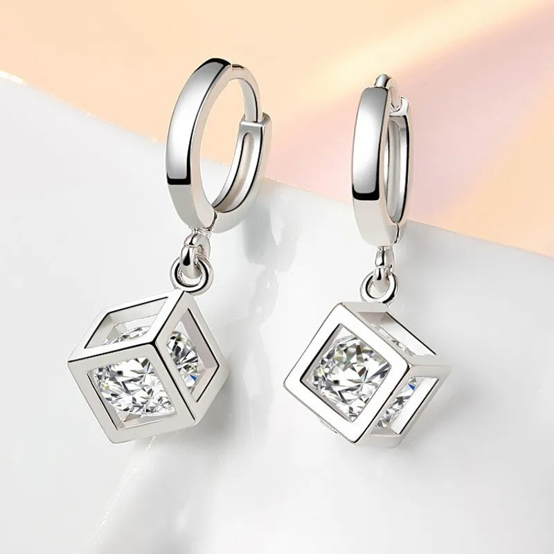 925 Sterling Silver Magic Cube Zircon Hoop Earrings