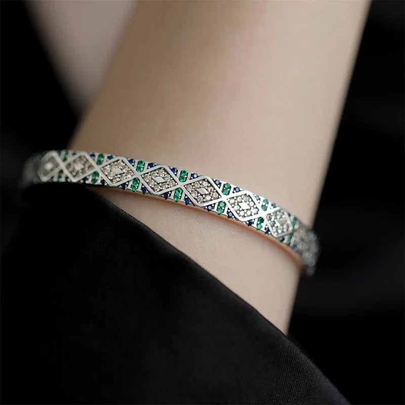 925 Sterling Silver Geometry Block Zircon Bracelet For Women Versatile Vintage Jewelry Gift