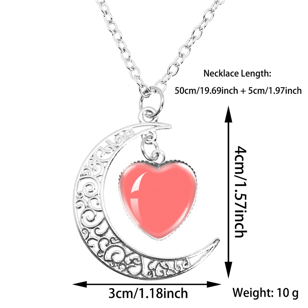 Personalized Moon Heart Shape Photo Pendant Necklace Glass Cabochon Jewelry