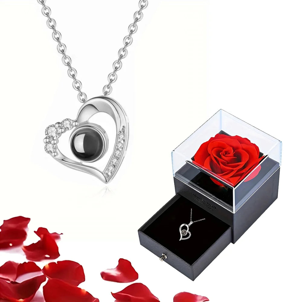 Projection S925 Silver Necklace Set with Rose Gift Box – "I Love You" in 100 Languages