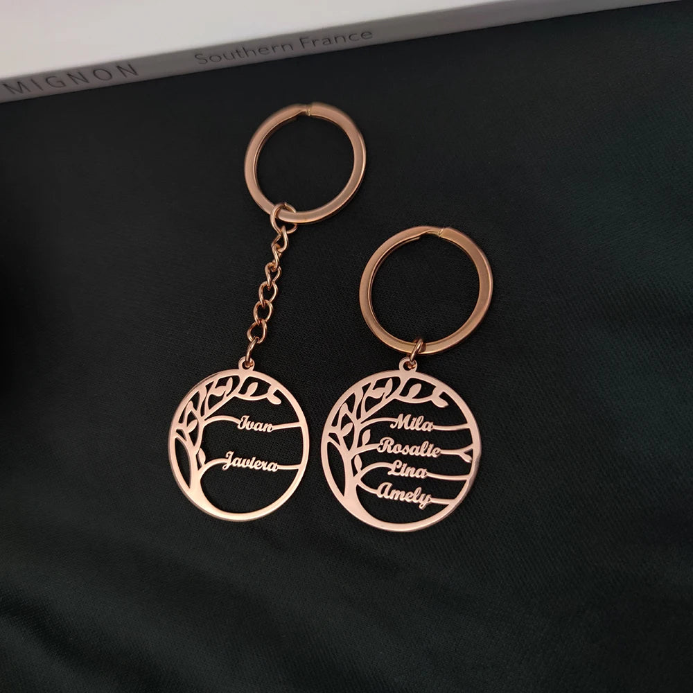 Tree of Life Keychain Customized Family Member Name Round Stainless Steel Keyring