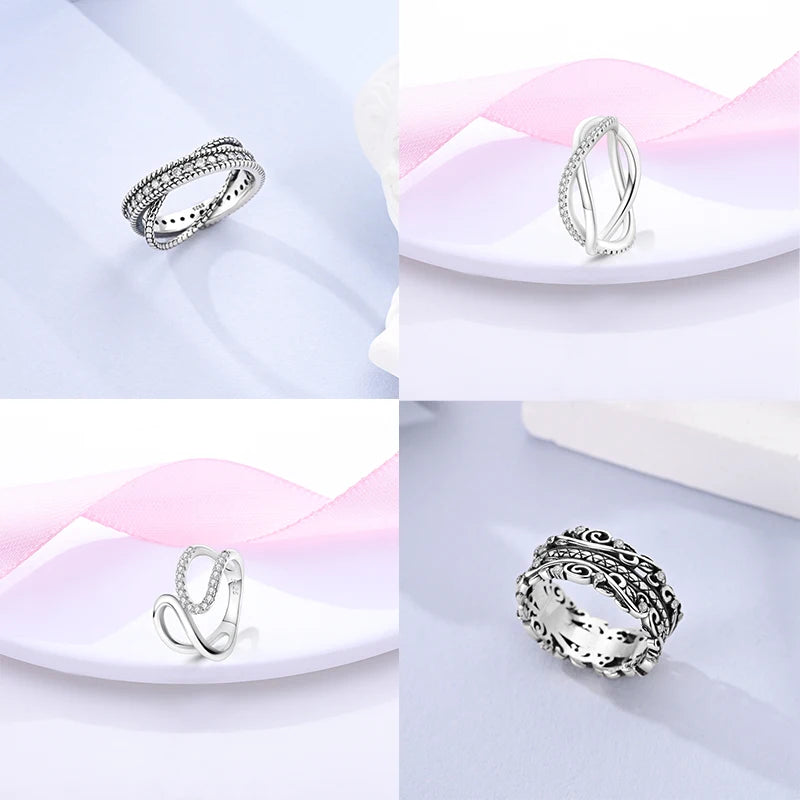 925 Sterling Silver Geometric Overlapping Zircon Rings