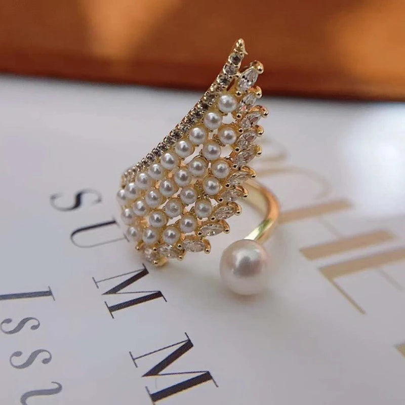 Elegant Adjustable Angel Wing Pearl Ring – Luxury Women's Charm Jewelry