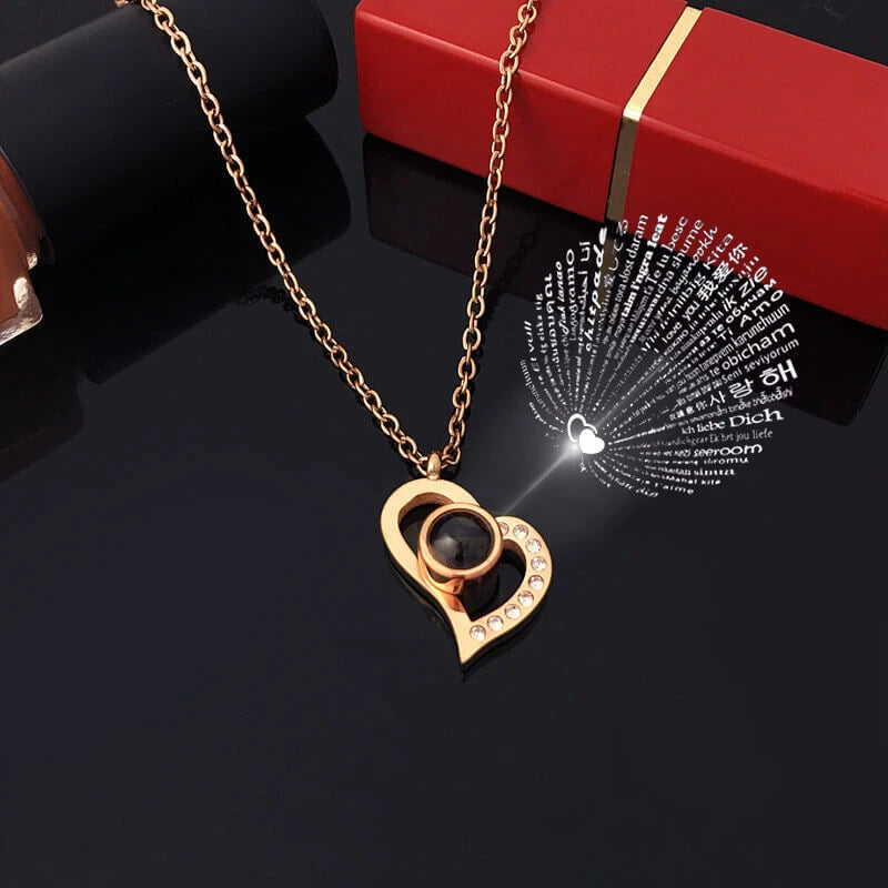 Projection S925 Silver Necklace Set with Rose Gift Box – "I Love You" in 100 Languages