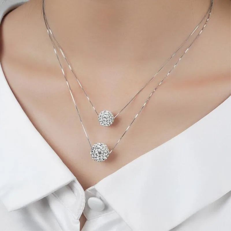 925 Sterling Silver Jewelry Double Lucky Crystal Ball Pendant Necklaces