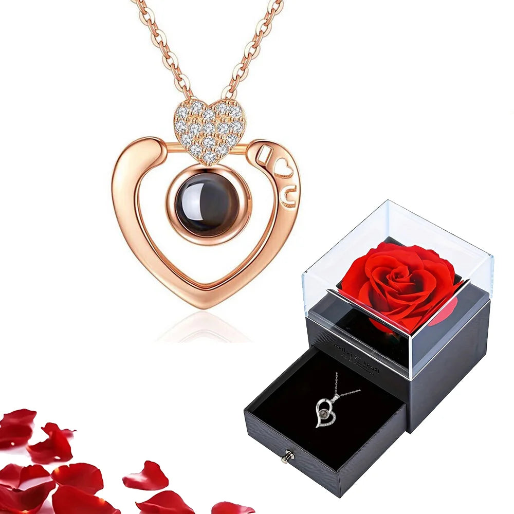 Projection S925 Silver Necklace Set with Rose Gift Box – "I Love You" in 100 Languages