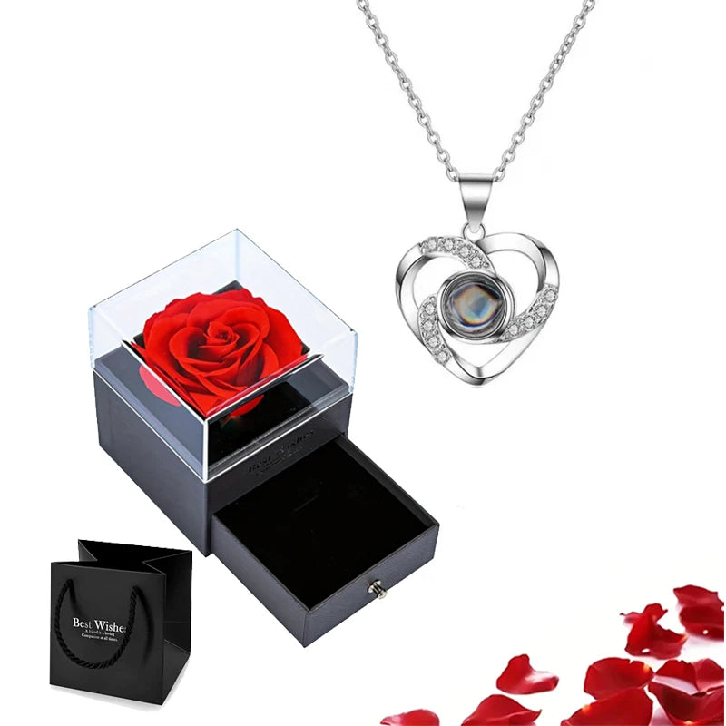 Projection S925 Silver Necklace Set with Rose Gift Box – "I Love You" in 100 Languages