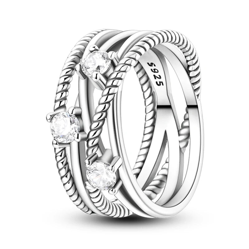 925 Sterling Silver Geometric Overlapping Zircon Rings
