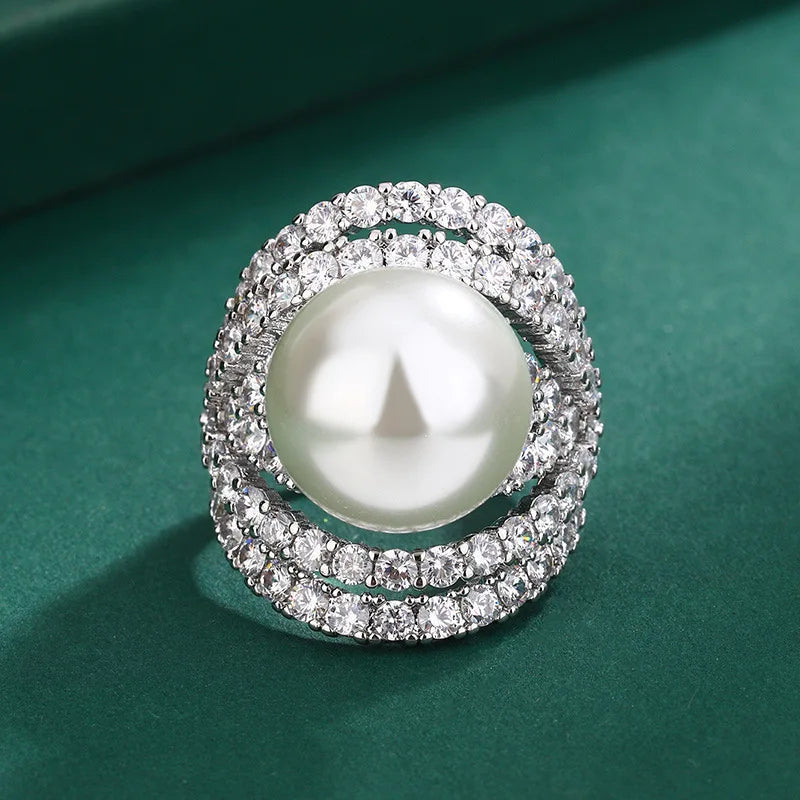 925 Sterling Silver 14mm Pearl Ring – Luxury Zirconia Geometric Design
