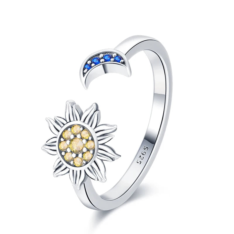 925 Silver Color with Blue Zircon Butterfly Leaf Flower Rings