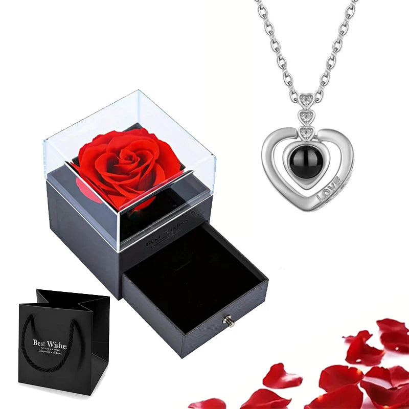 Projection S925 Silver Necklace Set with Rose Gift Box – "I Love You" in 100 Languages