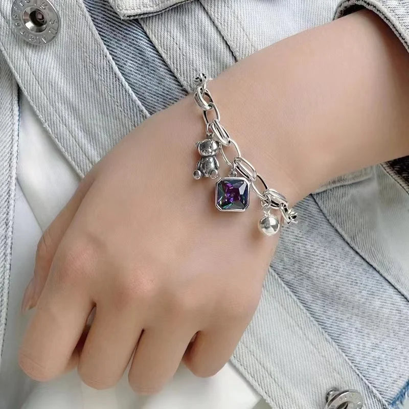 925 Sterling Silver Ladies Charm Bracelet With Sweet Little Bear Shiny Crystal Jewelry Gift