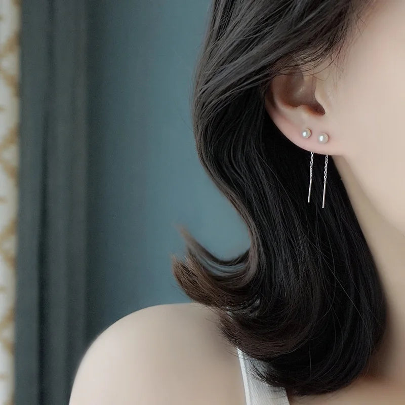 925 Sterling Silver Tassel Pearl Earrings – Elegant Korean Style for Women