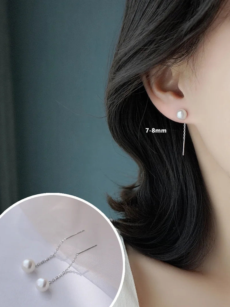925 Sterling Silver Tassel Pearl Earrings – Elegant Korean Style for Women