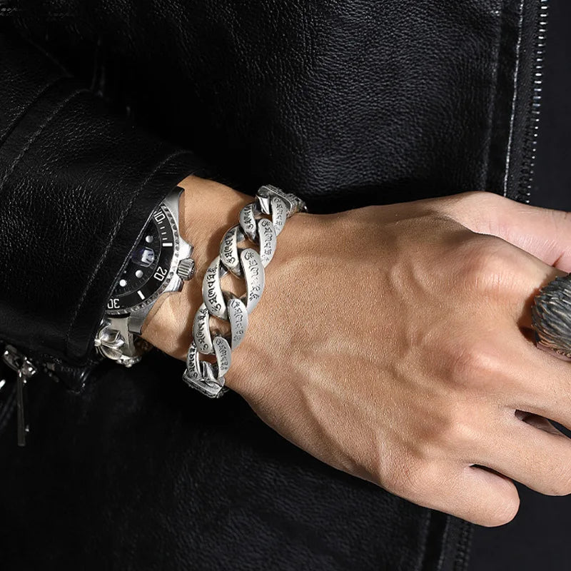 S925 Sterling Silver Men’s Personalized Six-Character Mantra Bracelet | Retro Peace Pattern, Lucky Charm, Fashionable Handmade Jewelry Gift