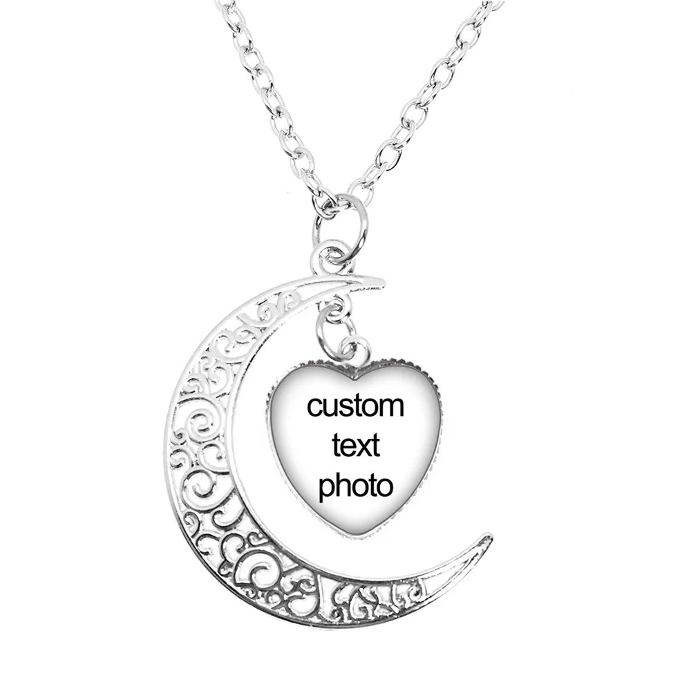 Personalized Moon Heart Shape Photo Pendant Necklace Glass Cabochon Jewelry