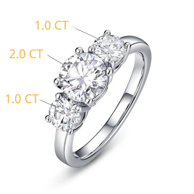 Luxury 3-Stone 2/4CT D Color Moissanite Ring for Women