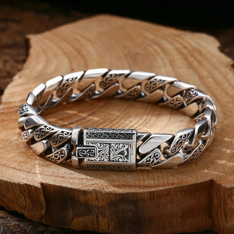 S925 Sterling Silver Vine Garland Buckle Men’s Bracelet | Retro Punk Tank Design, Creative Handmade Jewelry, Unique Gift