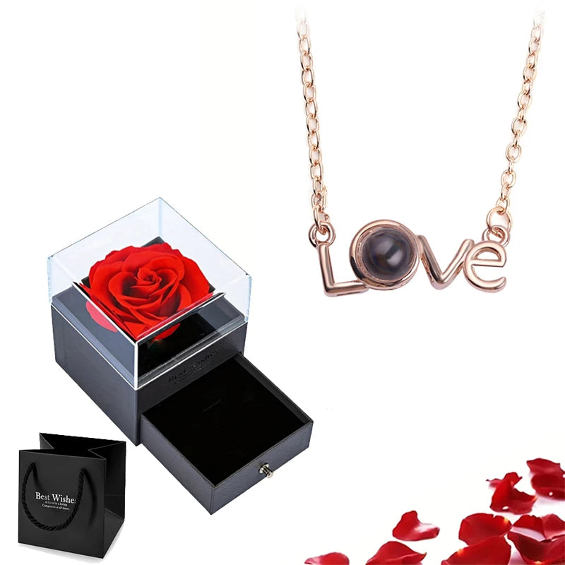 Projection S925 Silver Necklace Set with Rose Gift Box – "I Love You" in 100 Languages