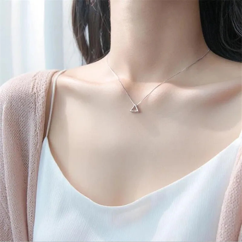 925 Sterling Silver Triangle Jewelry Geometric Single Crystal Clavicle Chain Necklaces