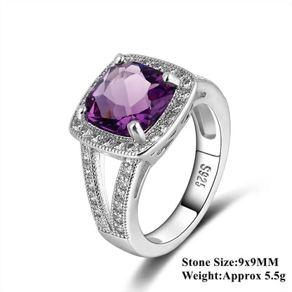 925 Silver Colorful Cubic Zirconia 9mm Cushion Cut Ring Jewelry