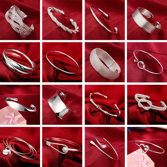 Unisex Trendy Style 925 Silver Round Heart Open Bracelet Jewelry Cuff Bangles