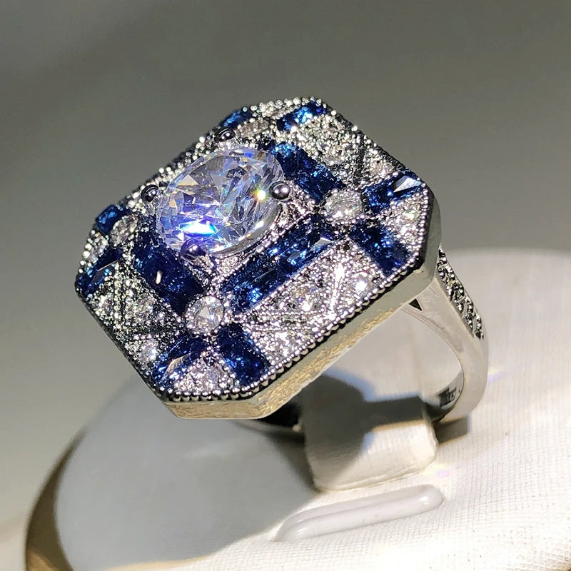 925 Silver Luxury Geometry Unisex Blue White Zircon Ring