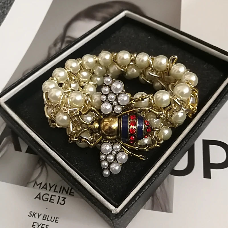 Luxury Handmade Elastic Pearl Bee Bracelet Bangle Jewelry For Women Party Gift