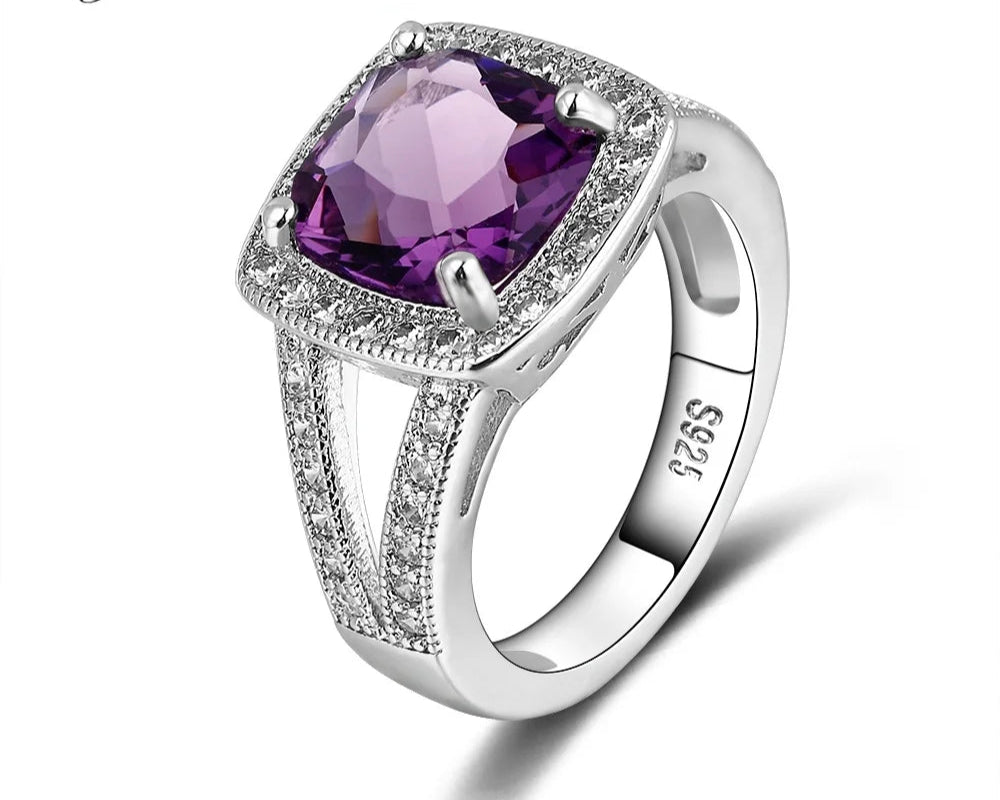 925 Silver Colorful Cubic Zirconia 9mm Cushion Cut Ring Jewelry