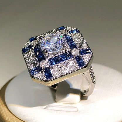 925 Silver Luxury Geometry Unisex Blue White Zircon Ring