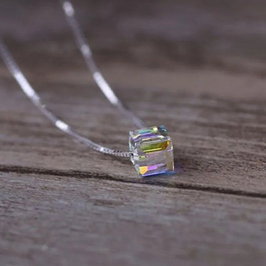 925 Sterling Silver Jewelry Light Candy Square Crystal Pendant Necklace For Women