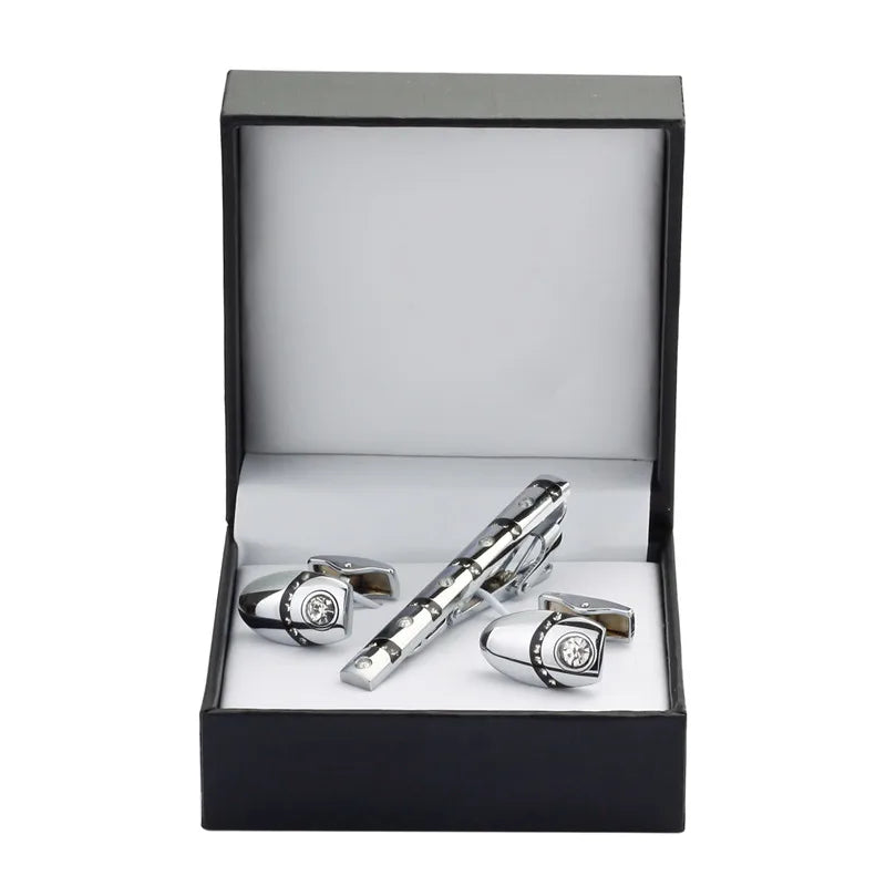 Black Enamel Silvery Flower Cufflinks and Tie Clip