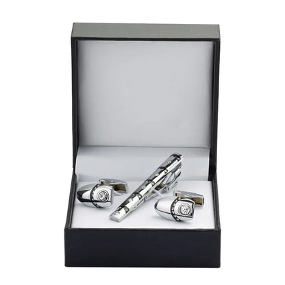 Black Enamel Silvery Flower Cufflinks and Tie Clip