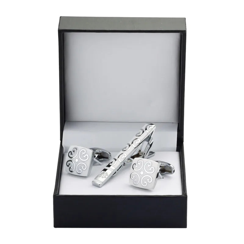 Black Enamel Silvery Flower Cufflinks and Tie Clip