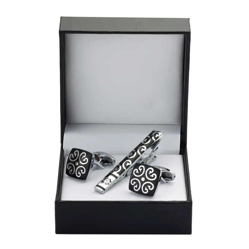 Black Enamel Silvery Flower Cufflinks and Tie Clip